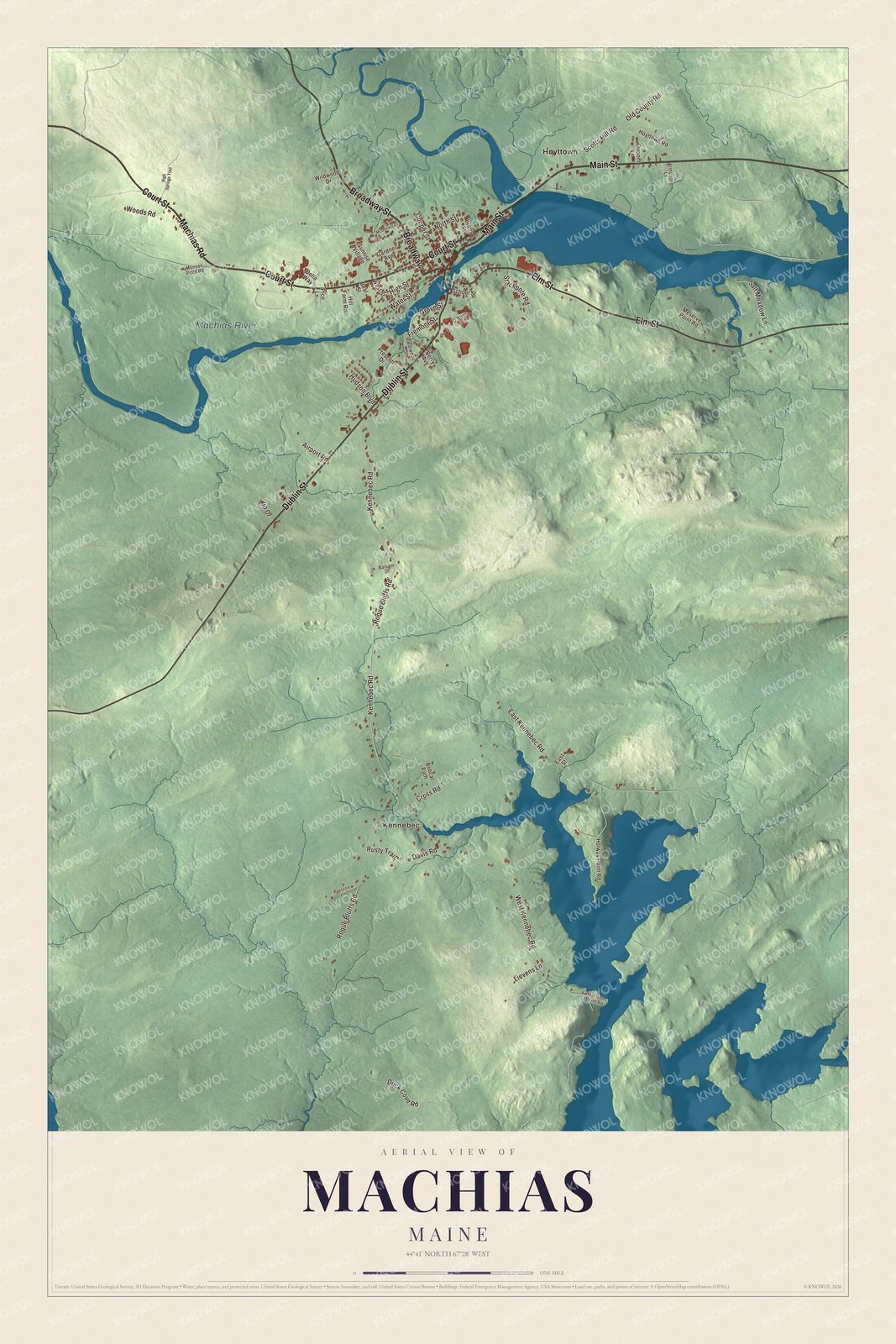 Aerial map of Machias, Maine, showing streets, buildings, neighborhoods, ponds and waterways, and terrain