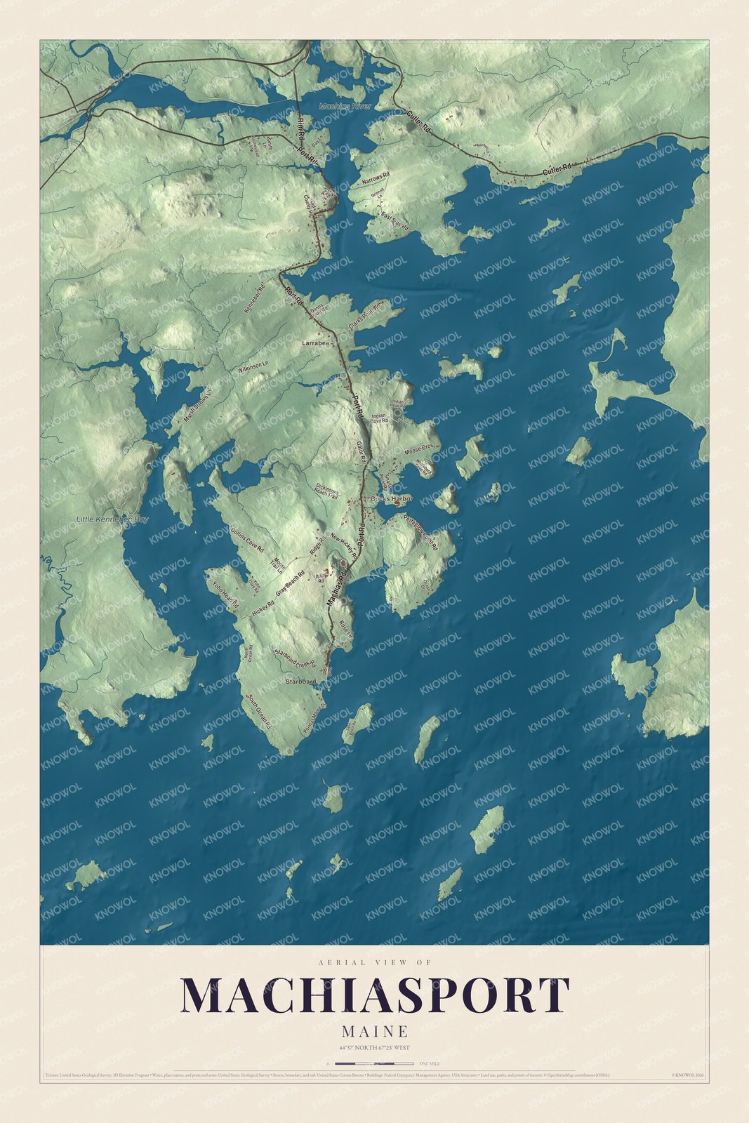 Aerial map of Machiasport, Maine, showing roads, buildings, neighborhoods, coastline, ponds and waterways, and terrain