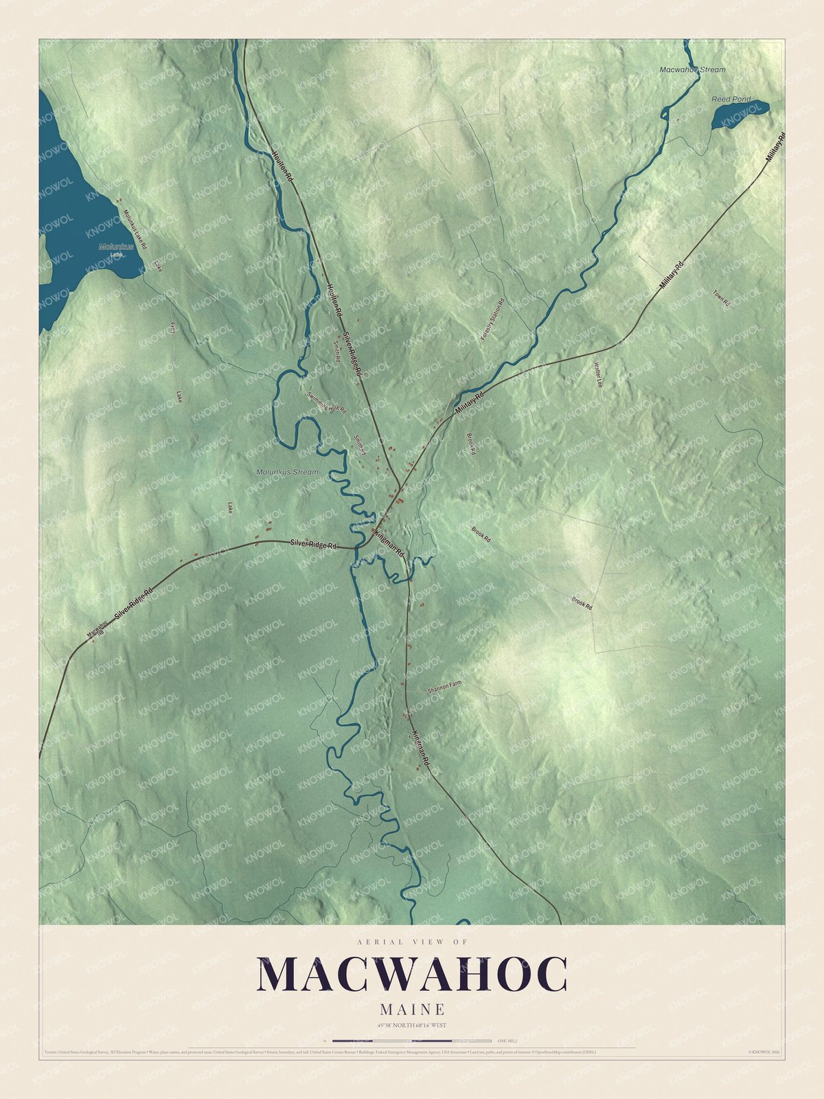 Aerial map of Macwahoc, Maine, showing streets, buildings, ponds and waterways, and terrain