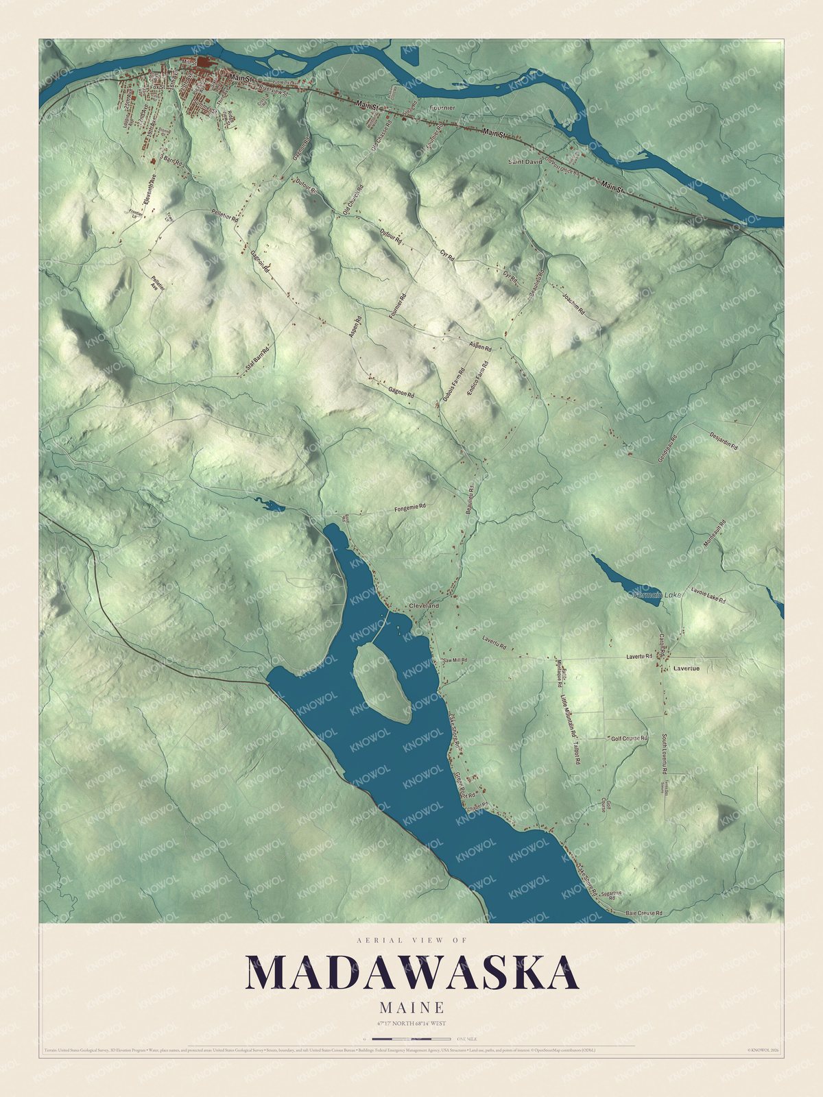 Aerial map of Madawaska, Maine, showing streets, buildings, neighborhoods, ponds and waterways, and terrain