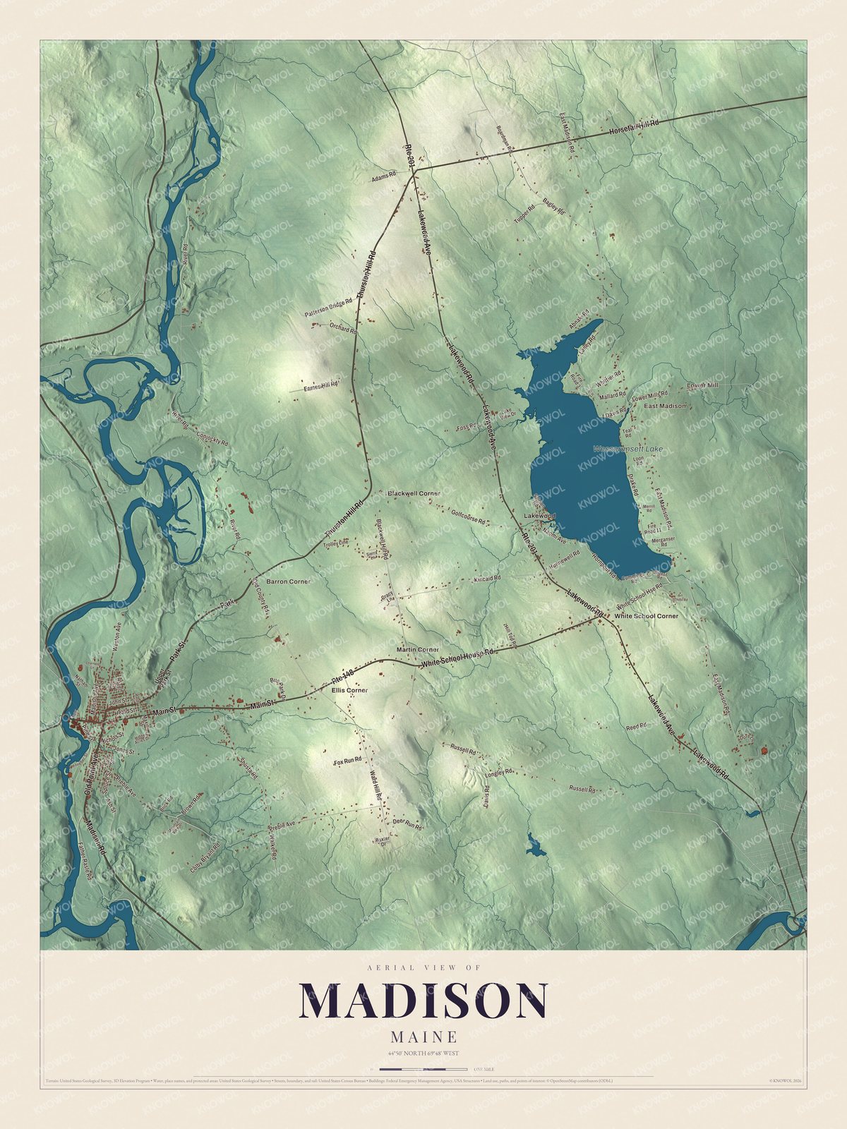 Aerial map of Madison, Maine, showing streets, buildings, neighborhoods, ponds and waterways, and terrain