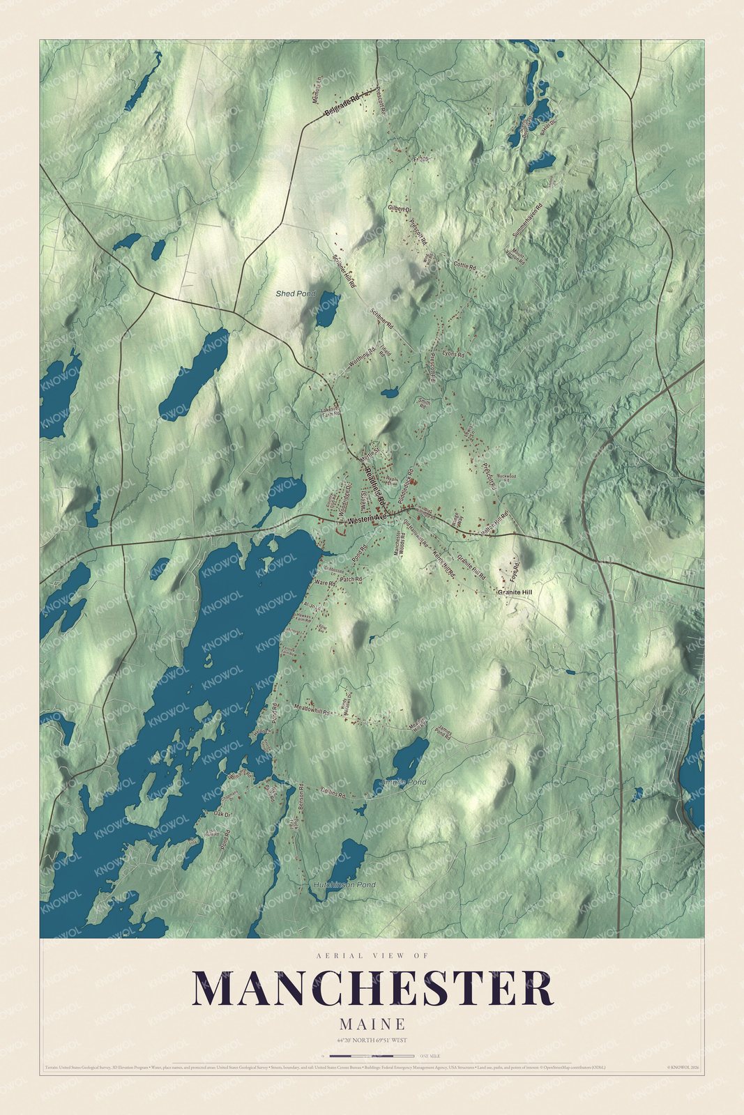 Aerial map of Manchester, Maine, showing streets, buildings, ponds and waterways, and terrain