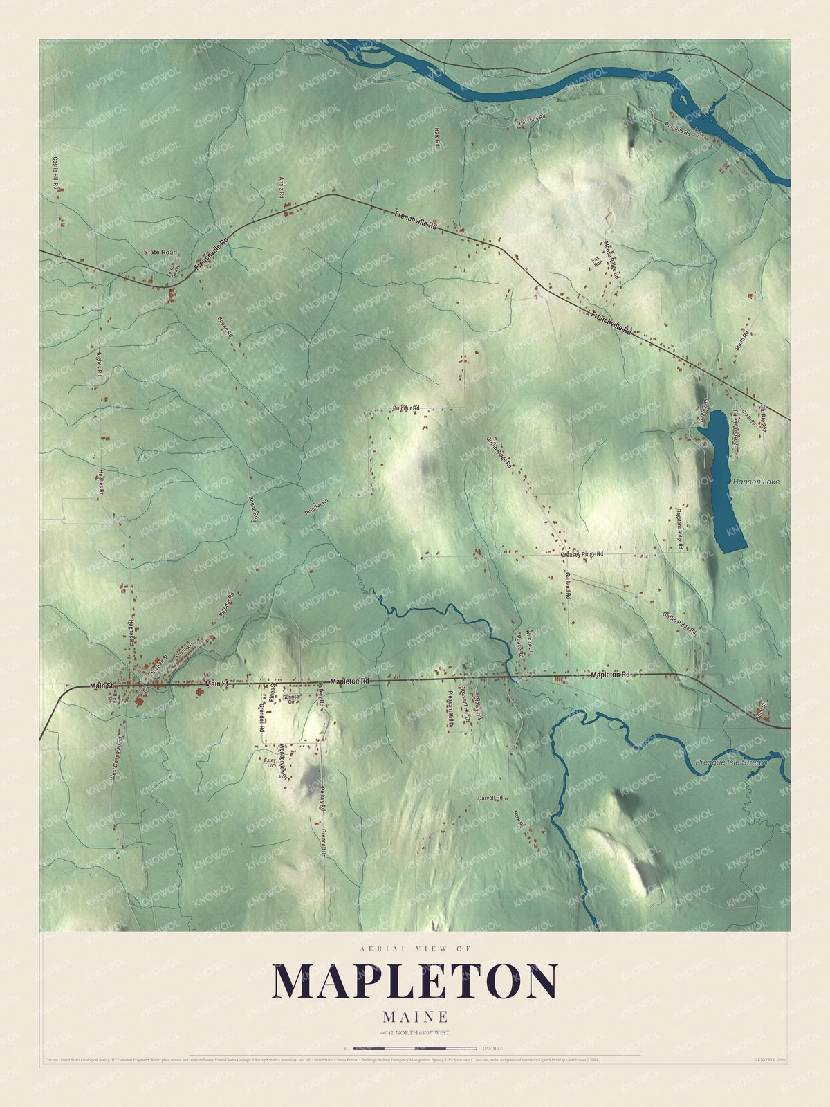 Aerial map of Mapleton, Maine, showing roads, buildings, ponds and waterways, and terrain