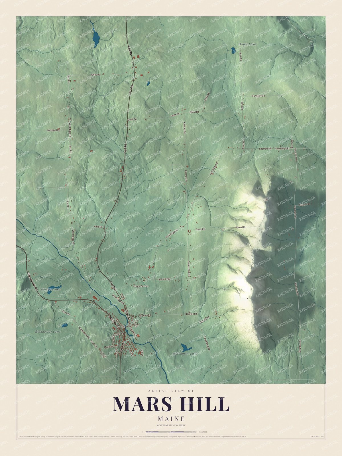 Aerial map of Mars Hill, Maine, showing roads, buildings, ponds and waterways, and terrain