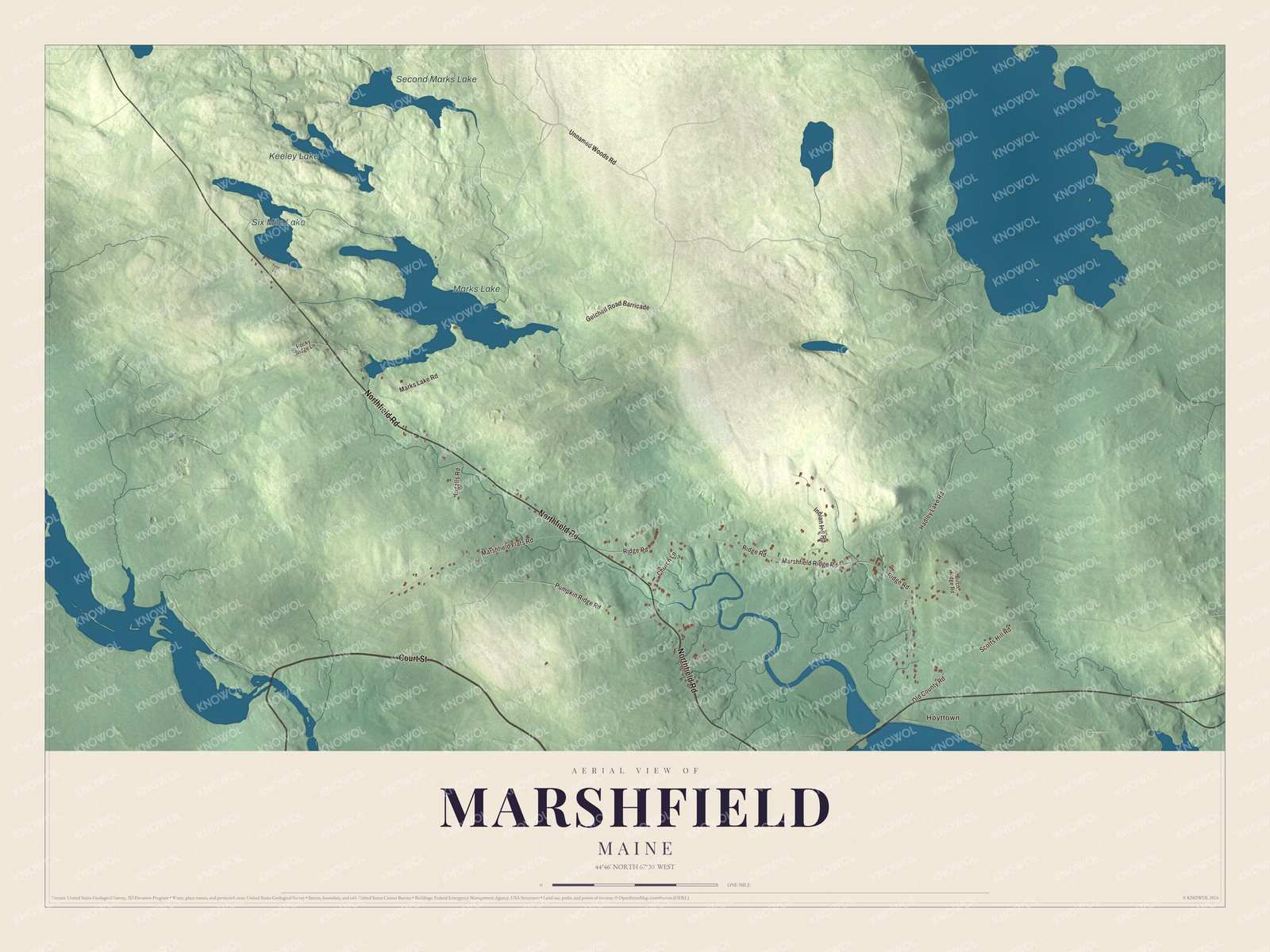 Aerial map of Marshfield, Maine, showing roads, buildings, ponds and waterways, and terrain
