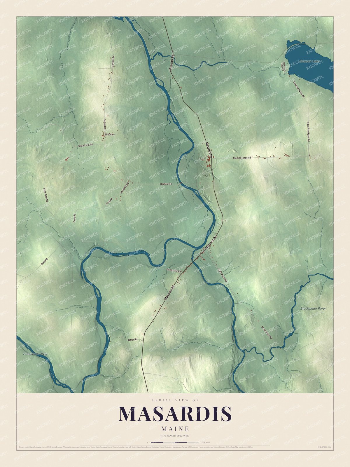 Aerial map of Masardis, Maine, showing roads, buildings, ponds and waterways, and terrain