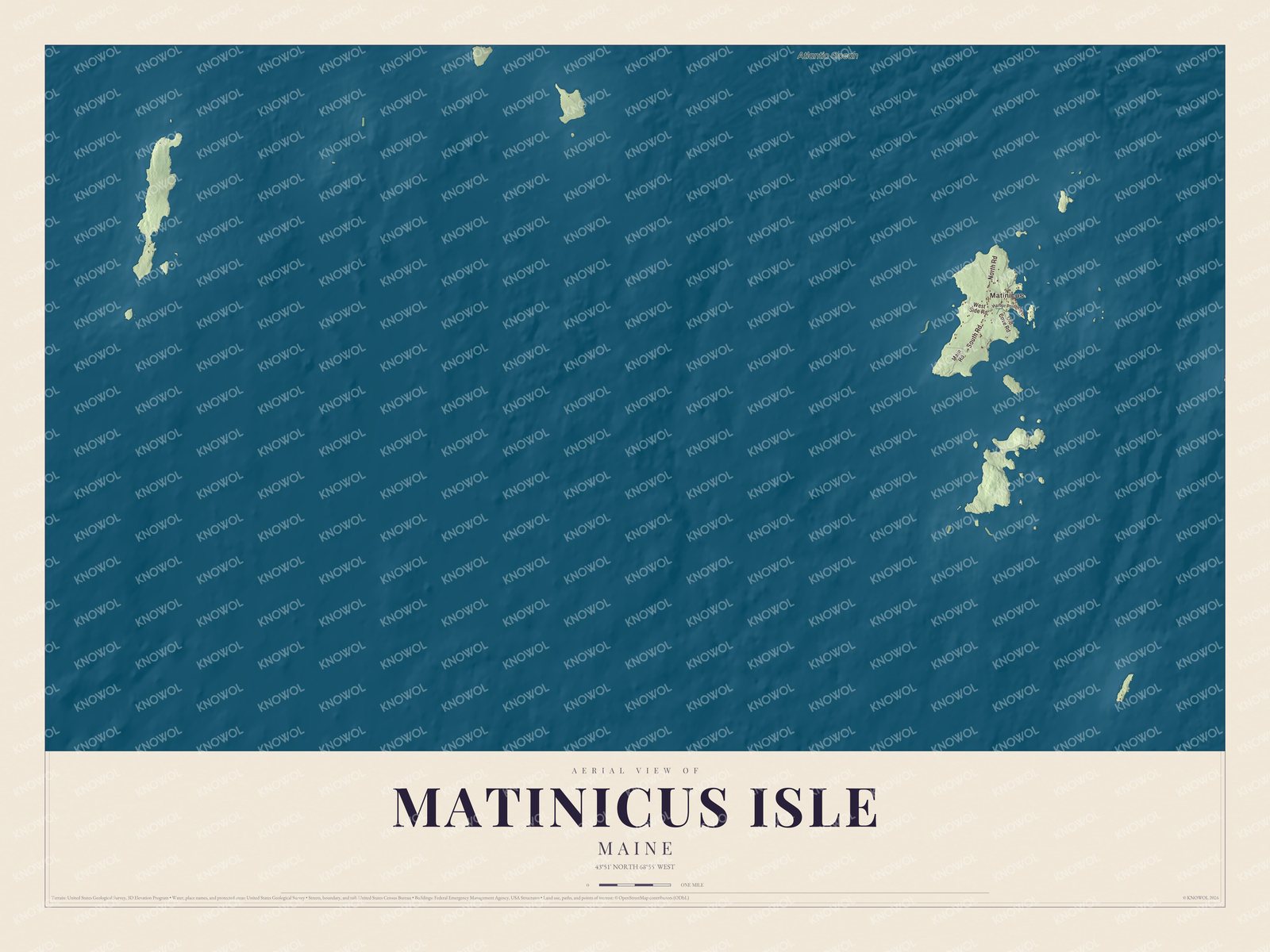 Aerial map of Matinicus Isle, Maine, showing streets, buildings, coastline and terrain