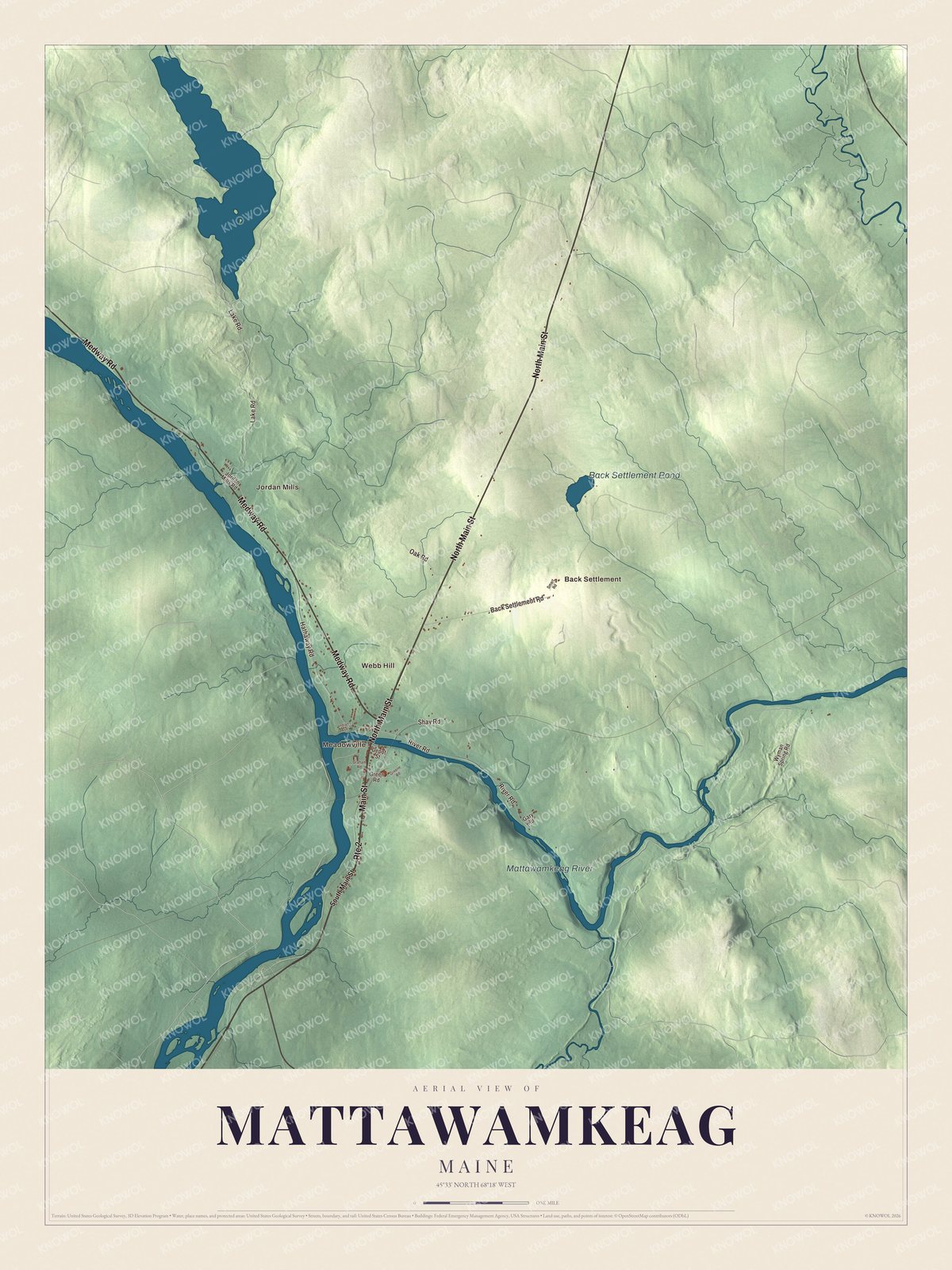 Aerial map of Mattawamkeag, Maine, showing roads, buildings, ponds and waterways, and terrain