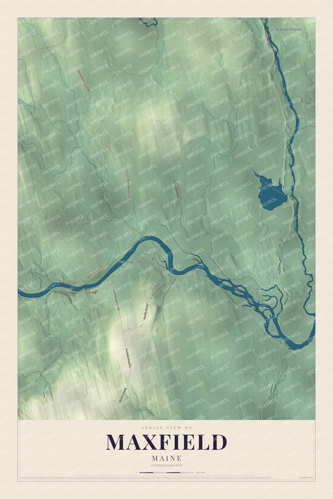 Aerial map of Maxfield, Maine, showing roads, buildings, ponds and waterways, and terrain