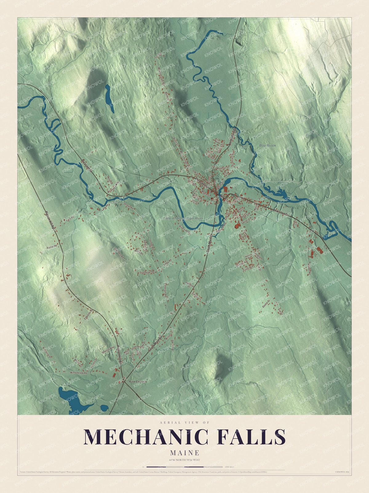 Aerial map of Mechanic Falls, Maine, showing streets, buildings, ponds and waterways, and terrain