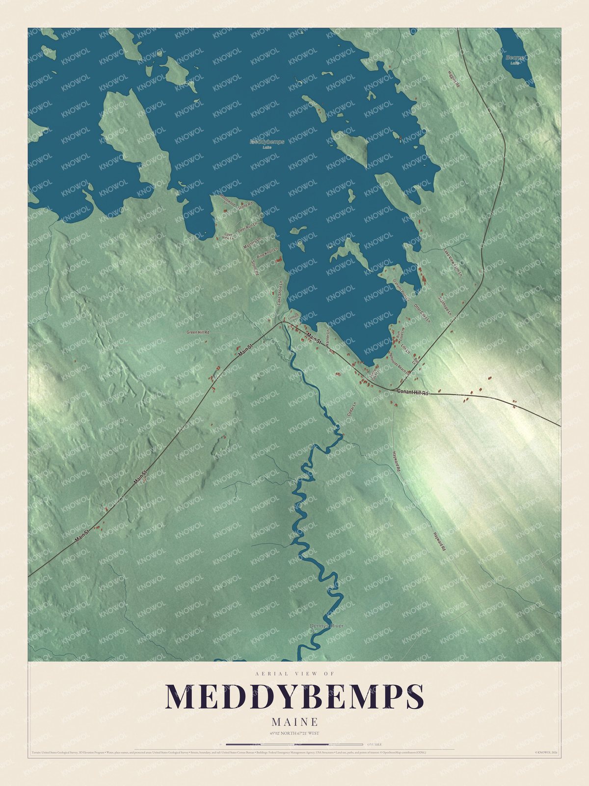 Aerial map of Meddybemps, Maine, showing roads, buildings, ponds and waterways, and terrain