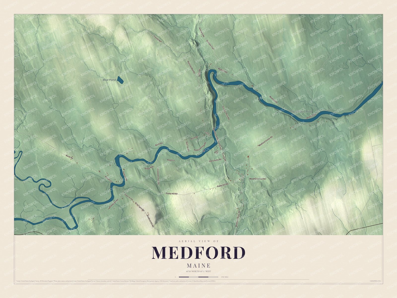 Aerial map of Medford, Maine, showing roads, buildings, ponds and waterways, and terrain