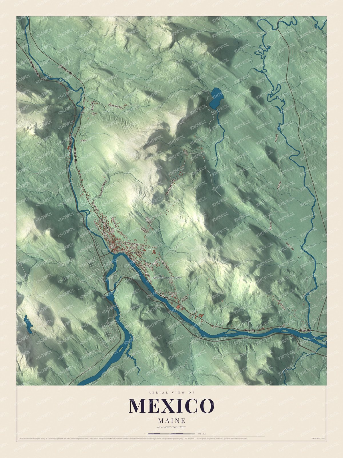 Aerial map of Mexico, Maine, showing roads, buildings, ponds and waterways, and terrain
