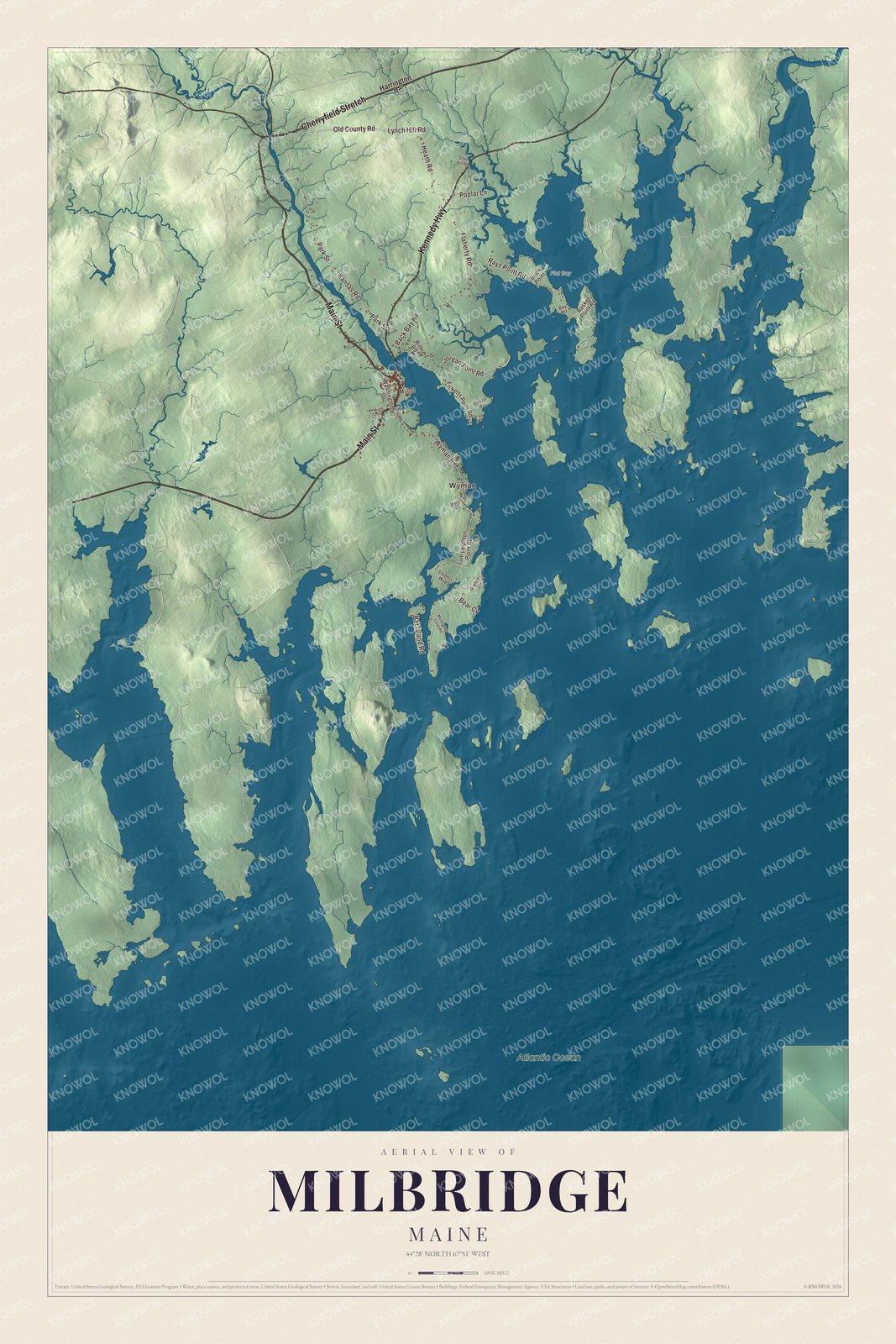 Aerial map of Milbridge, Maine, showing roads, buildings, ponds and waterways, and terrain