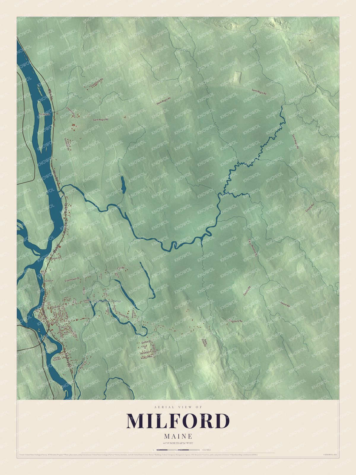 Aerial map of Milford, Maine, showing roads, buildings, ponds and waterways, and terrain