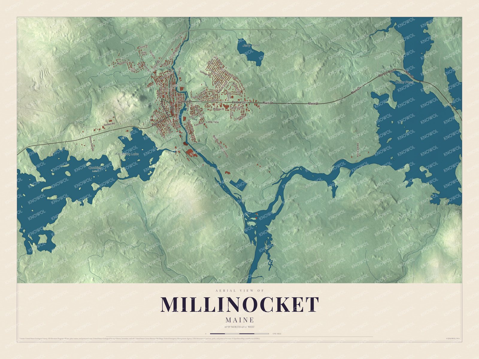 Aerial map of Millinocket, Maine, showing streets, buildings, ponds and waterways, and terrain