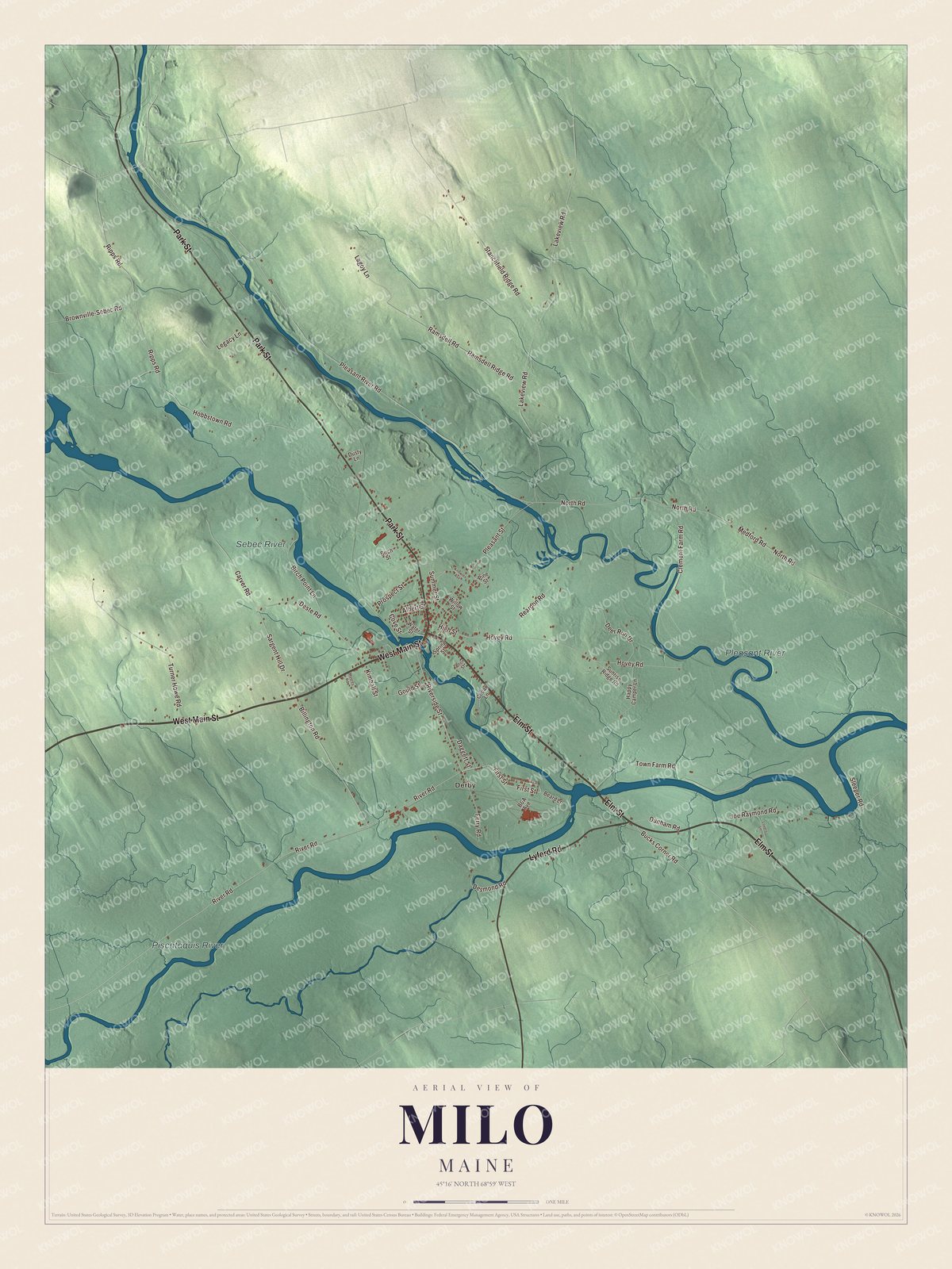 Aerial map of Milo, Maine, showing streets, buildings, ponds and waterways, and terrain