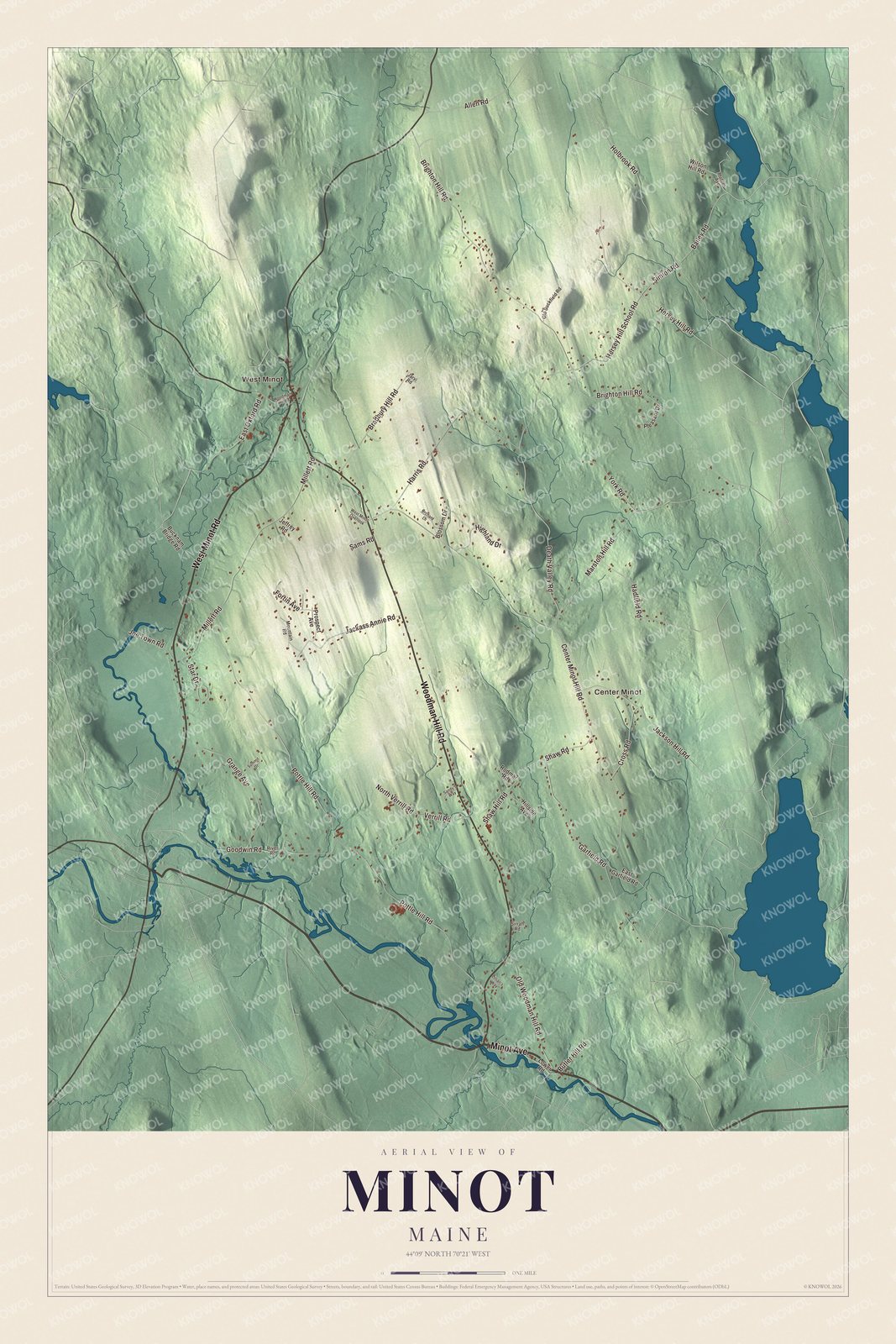 Aerial map of Minot, Maine, showing roads, buildings, ponds and waterways, and terrain