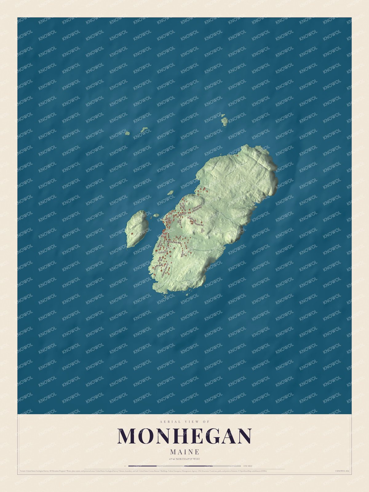 Aerial map of Monhegan, Maine, showing streets, buildings, coastline and terrain