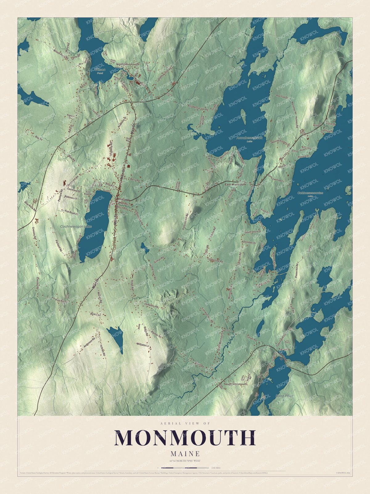 Aerial map of Monmouth, Maine, showing roads, buildings, ponds and waterways, and terrain