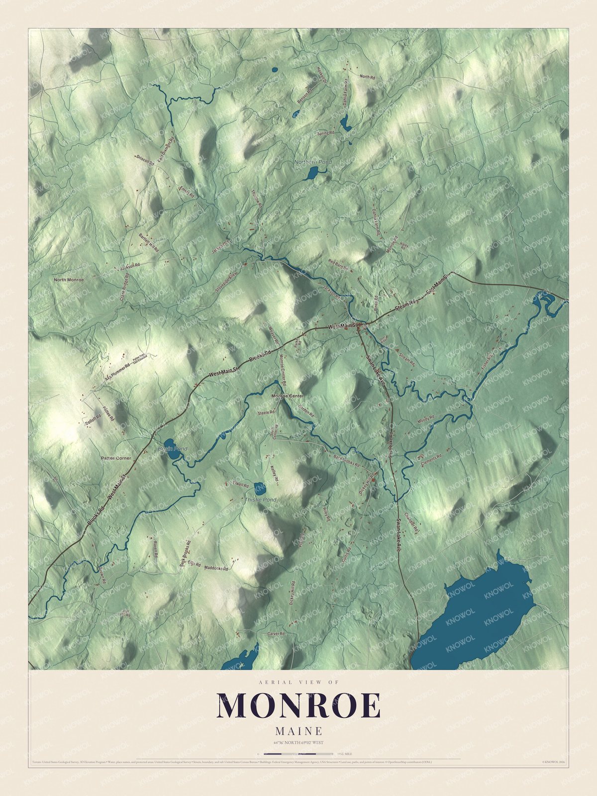 Aerial map of Monroe, Maine, showing roads, buildings, ponds and waterways, and terrain