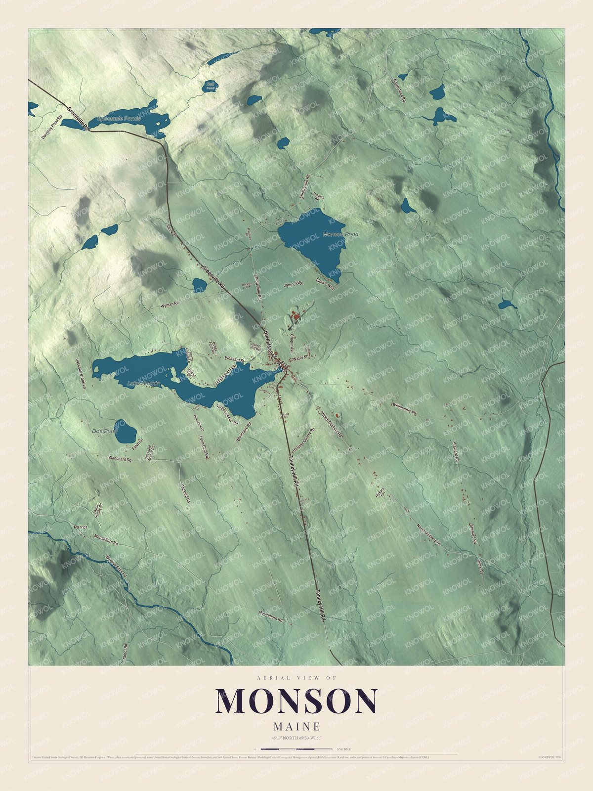 Aerial map of Monson, Maine, showing roads, buildings, ponds and waterways, and terrain