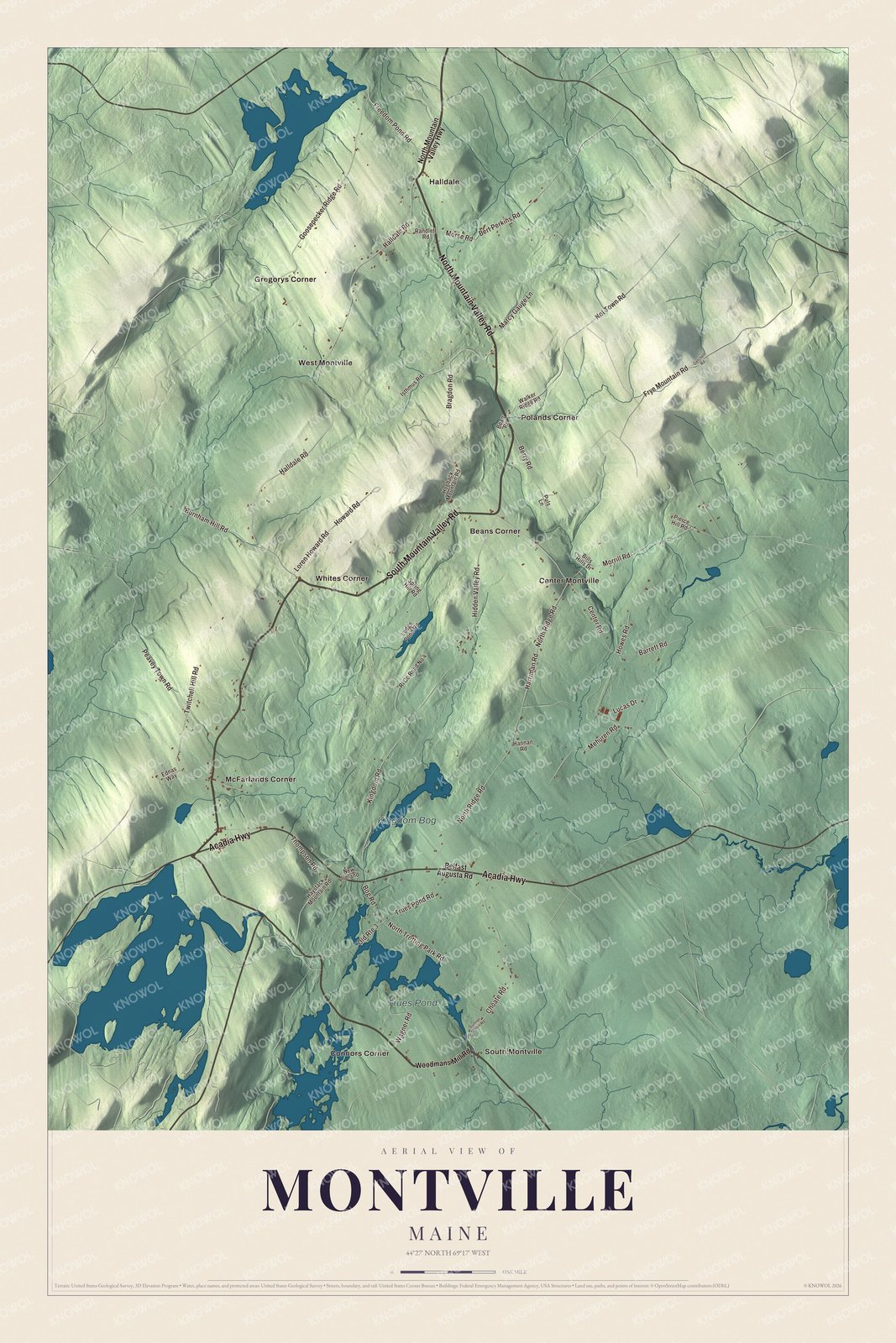 Aerial map of Montville, Maine, showing roads, buildings, ponds and waterways, and terrain