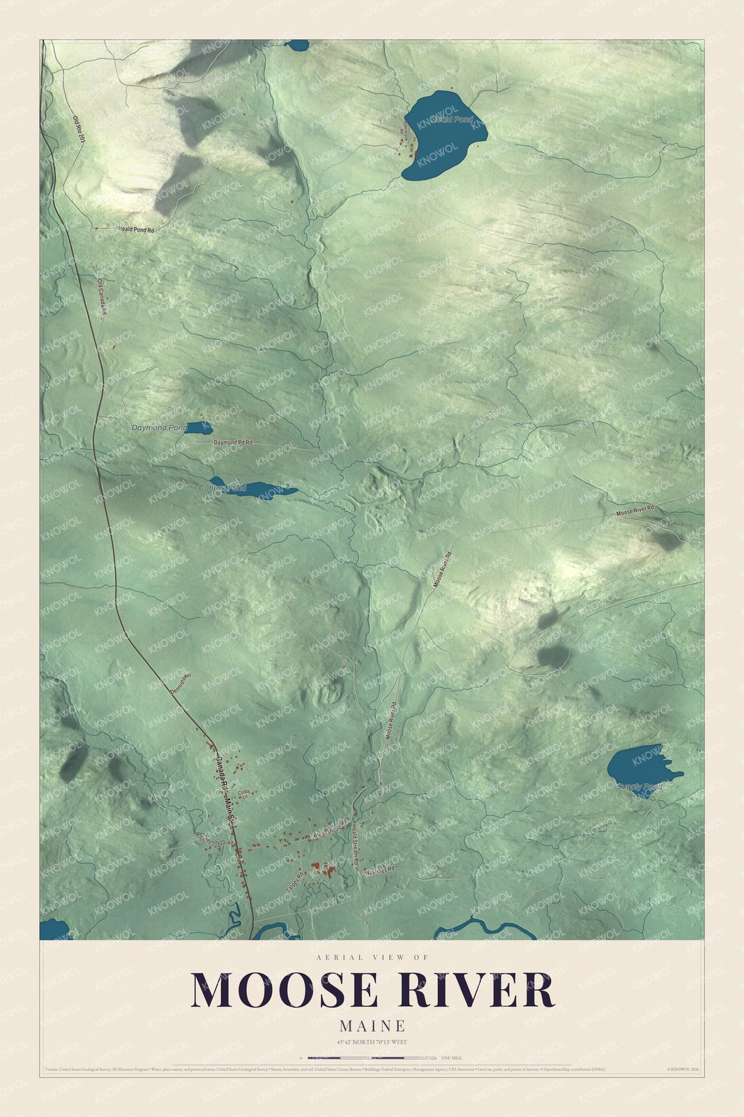 Aerial map of Moose River, Maine, showing roads, buildings, ponds and waterways, and terrain