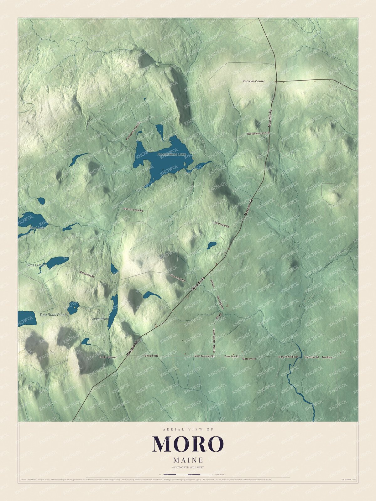Aerial map of Moro, Maine, showing roads, buildings, ponds and waterways, and terrain