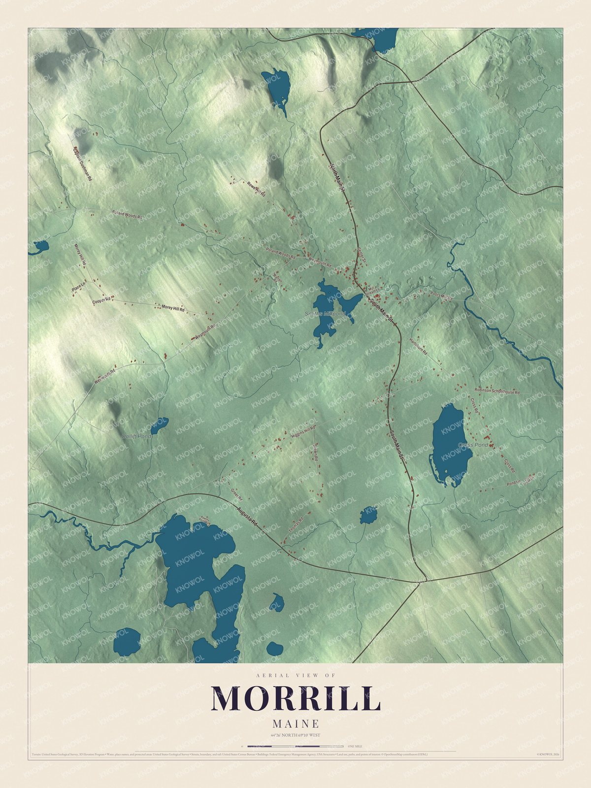 Aerial map of Morrill, Maine, showing roads, buildings, ponds and waterways, and terrain