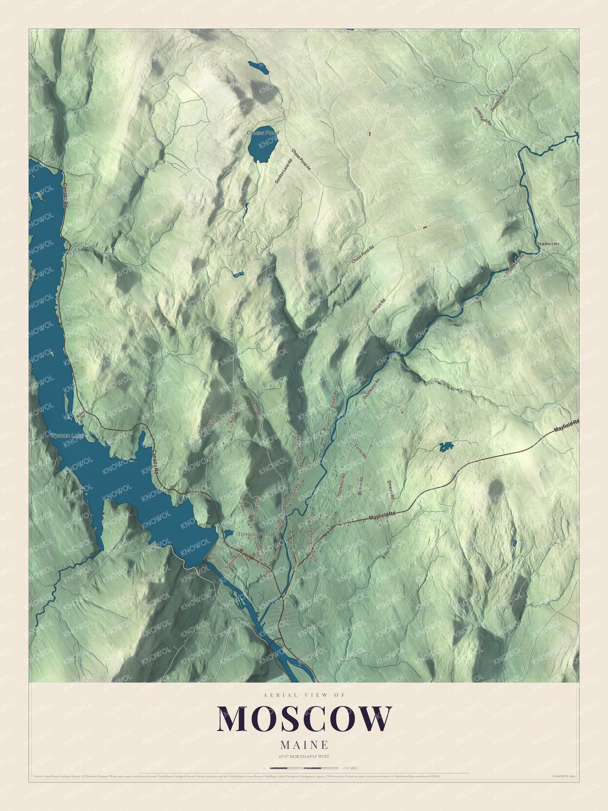 Aerial map of Moscow, Maine, showing roads, buildings, ponds and waterways, and terrain