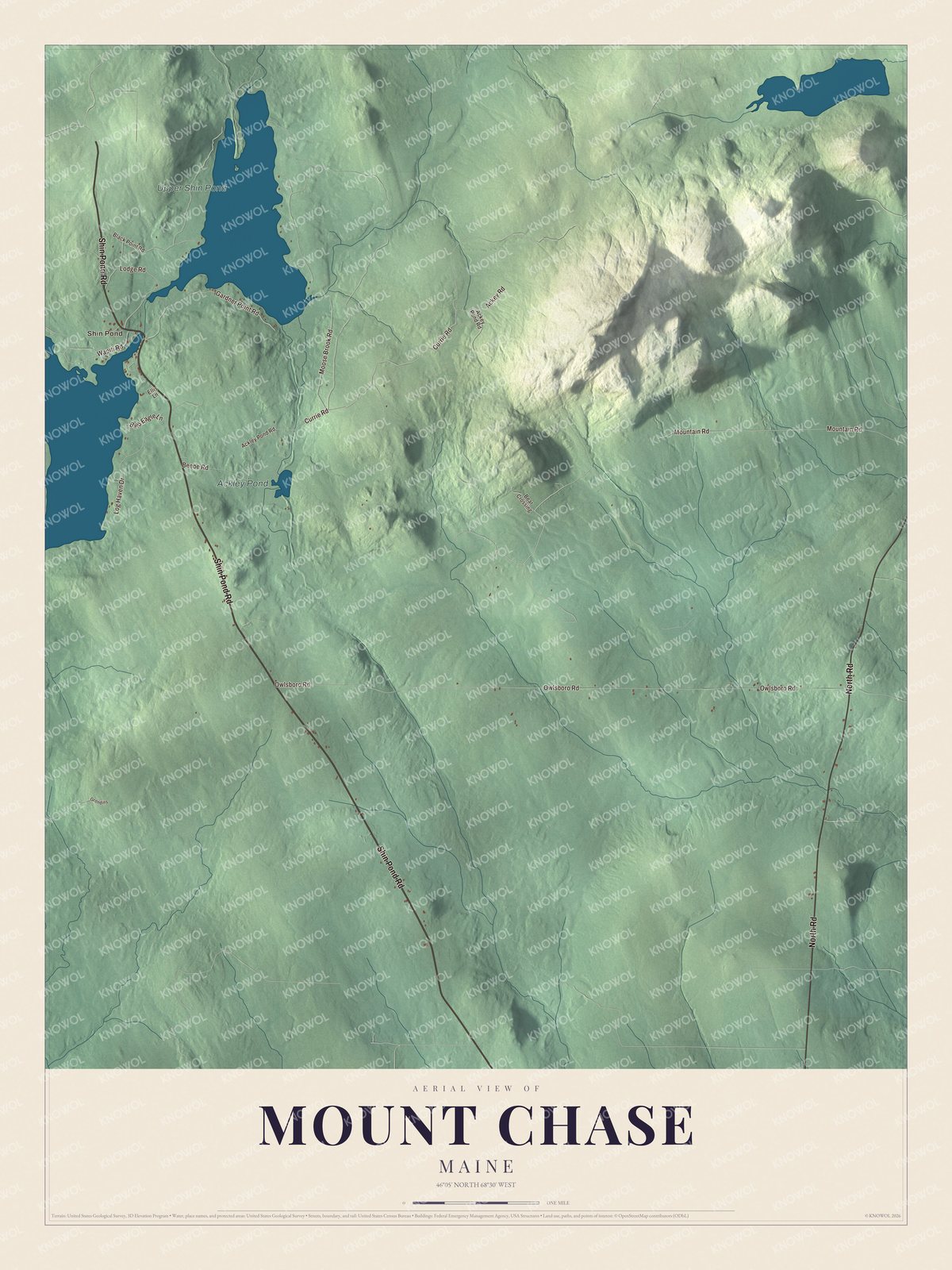 Aerial map of Mount Chase, Maine, showing roads, buildings, ponds and waterways, and terrain