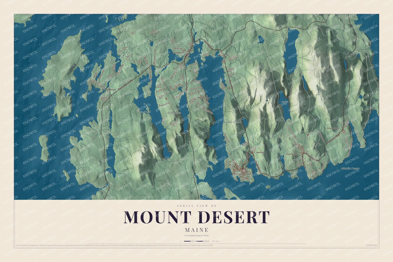 Aerial map of Mount Desert, Maine, showing roads, buildings, ponds and waterways, and terrain