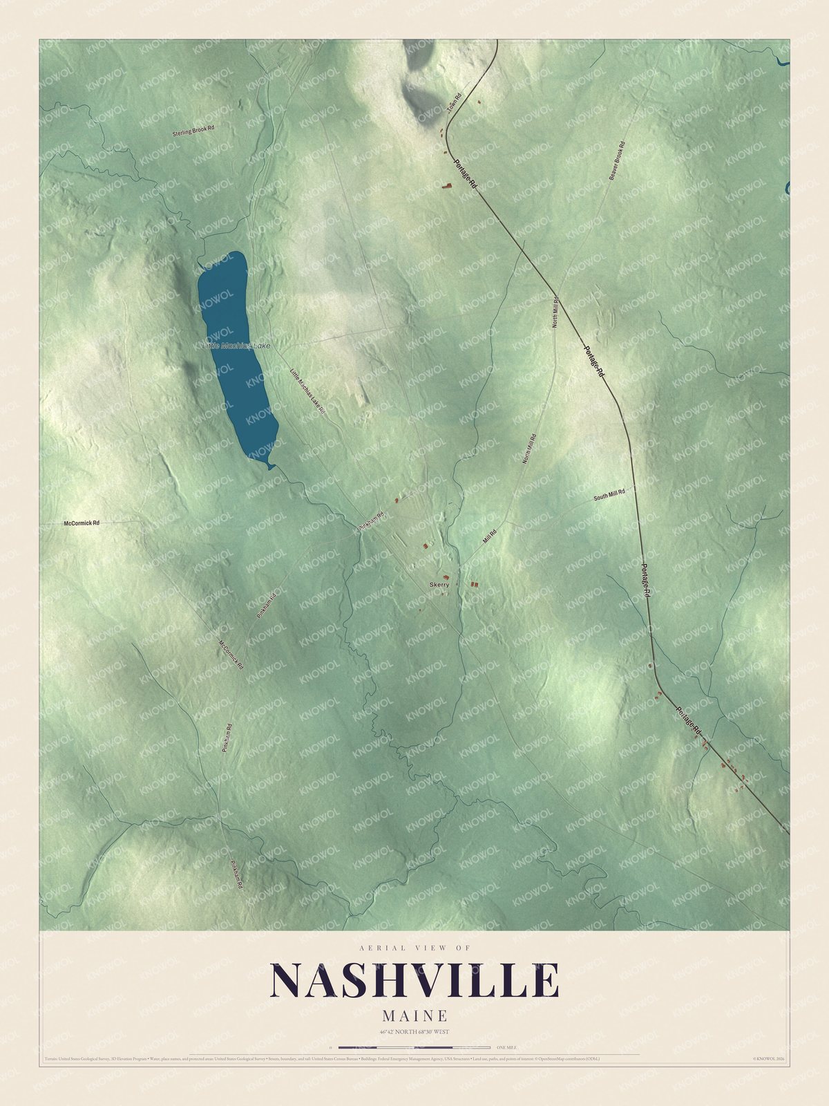 Aerial map of Nashville, Maine, showing roads, buildings, ponds and waterways, and terrain