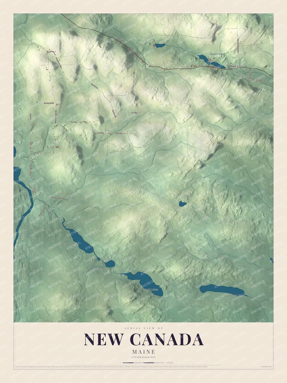 Aerial map of New Canada, Maine, showing roads, buildings, ponds and waterways, and terrain