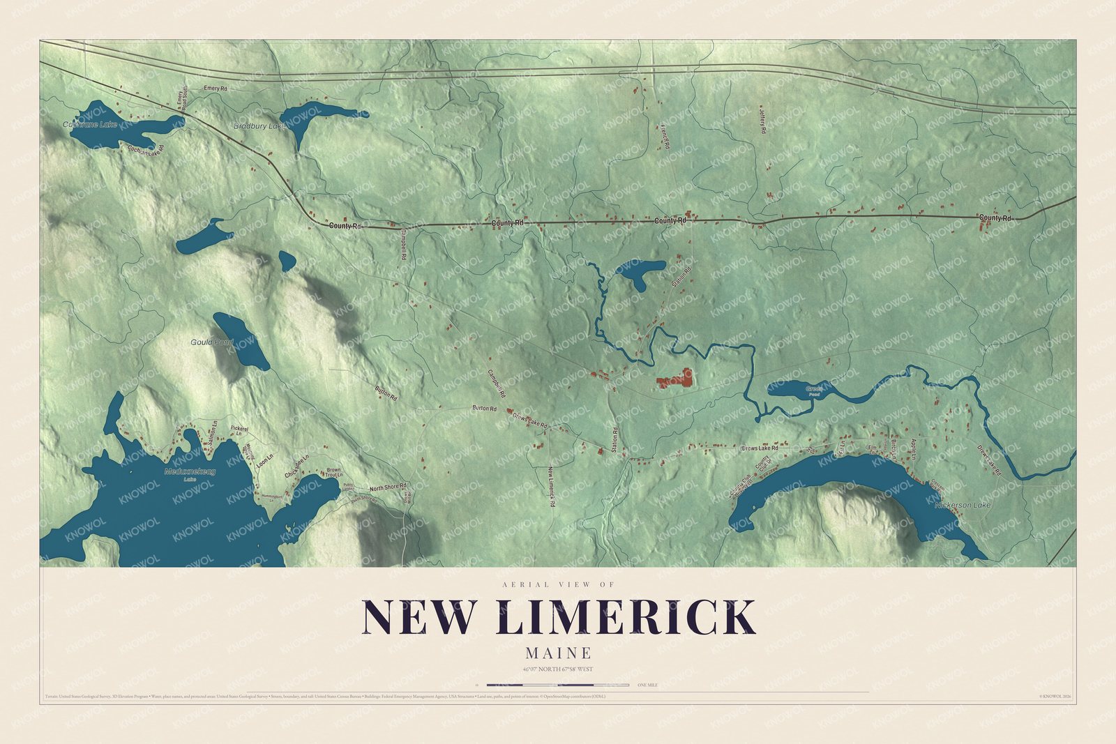 Aerial map of New Limerick, Maine, showing roads, buildings, ponds and waterways, and terrain