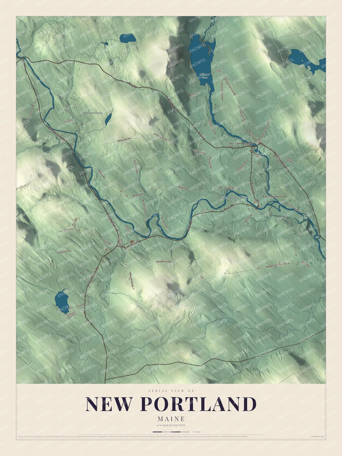 Aerial map of New Portland, Maine, showing roads, buildings, ponds and waterways, and terrain
