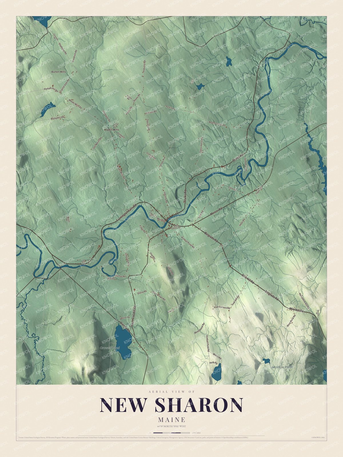 Aerial map of New Sharon, Maine, showing roads, buildings, ponds and waterways, and terrain