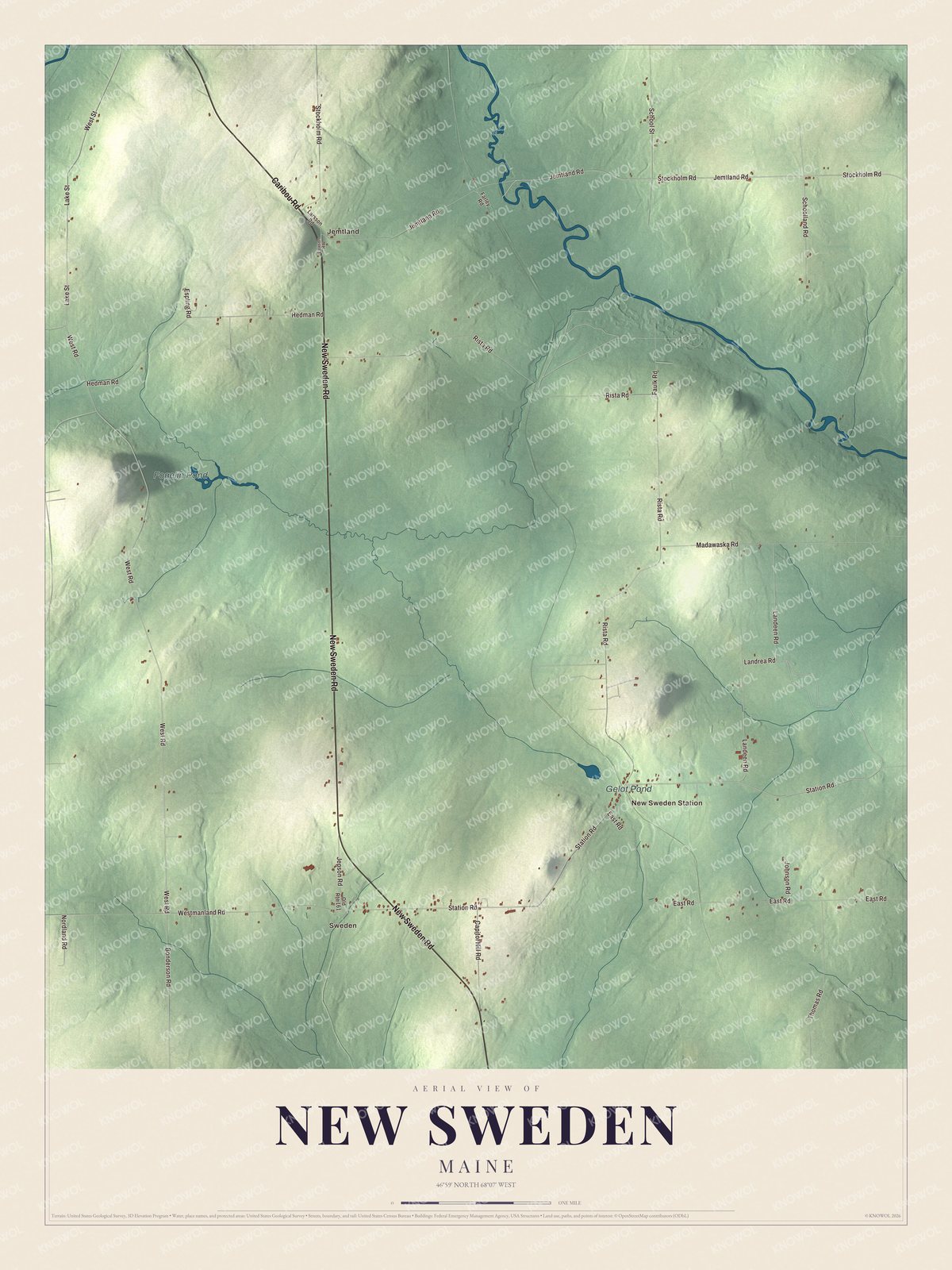 Aerial map of New Sweden, Maine, showing roads, buildings, ponds and waterways, and terrain