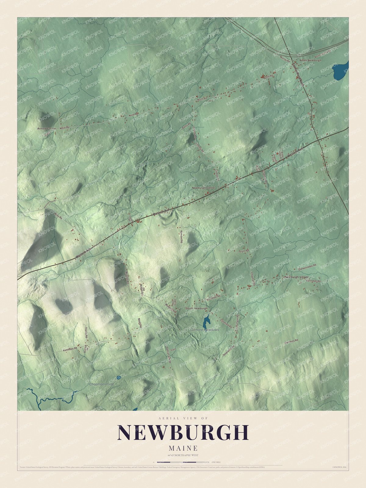 Aerial map of Newburgh, Maine, showing roads, buildings, ponds and waterways, and terrain