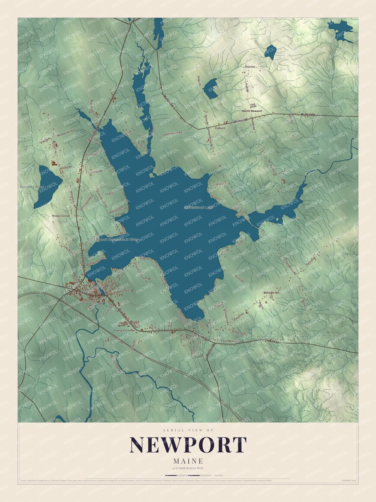 Aerial map of Newport, Maine, showing roads, buildings, ponds and waterways, and terrain
