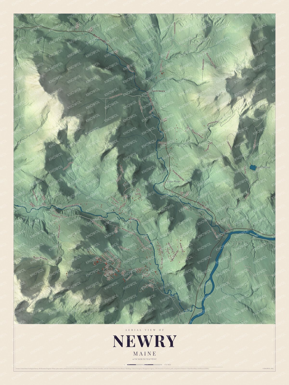 Aerial map of Newry, Maine, showing roads, buildings, ponds and waterways, and terrain