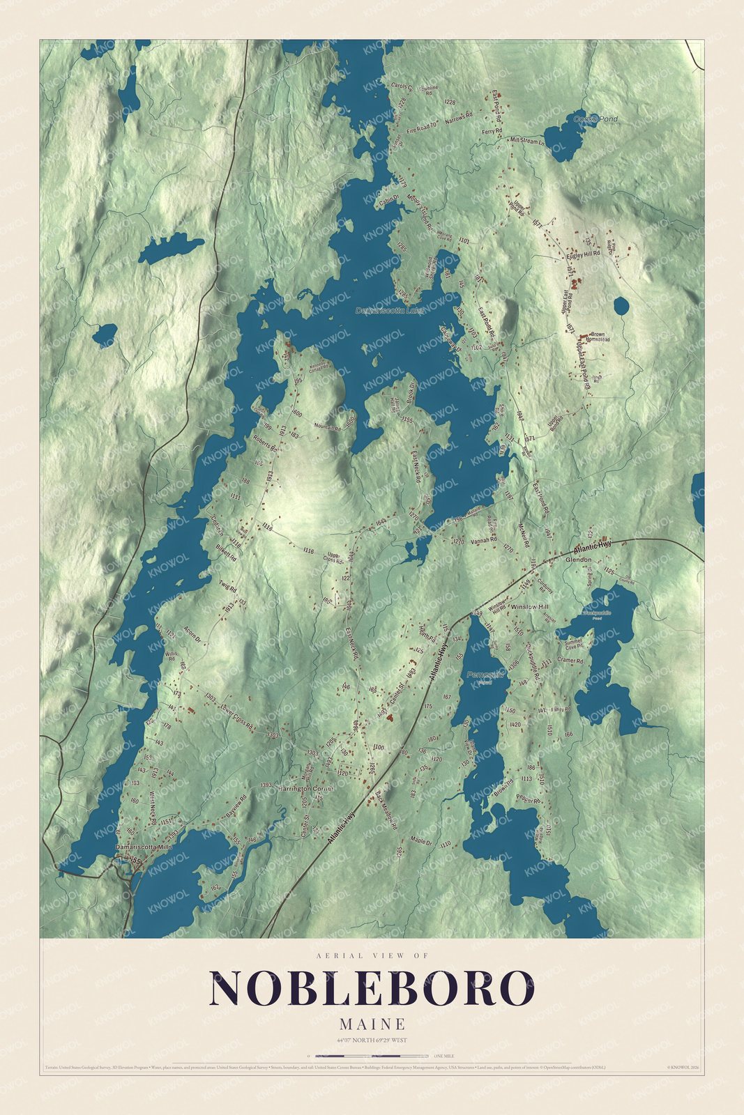 Aerial map of Nobleboro, Maine, showing roads, buildings, ponds and waterways, and terrain