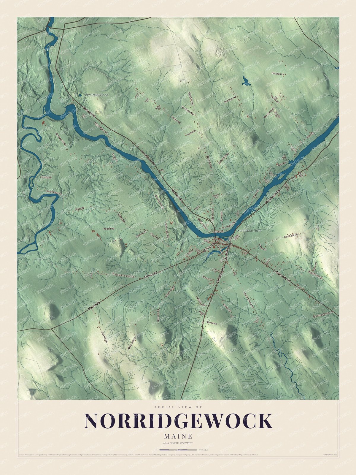 Aerial map of Norridgewock, Maine, showing roads, buildings, ponds and waterways, and terrain