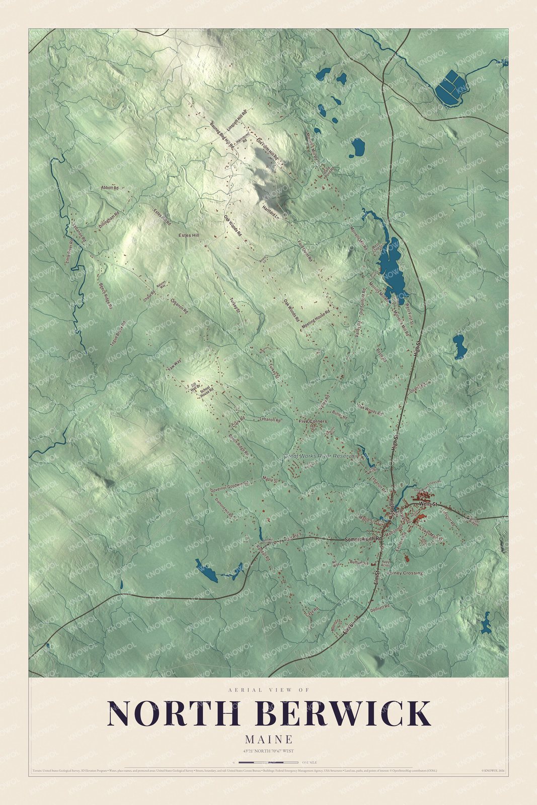 Aerial map of North Berwick, Maine, showing roads, buildings, ponds and waterways, and terrain