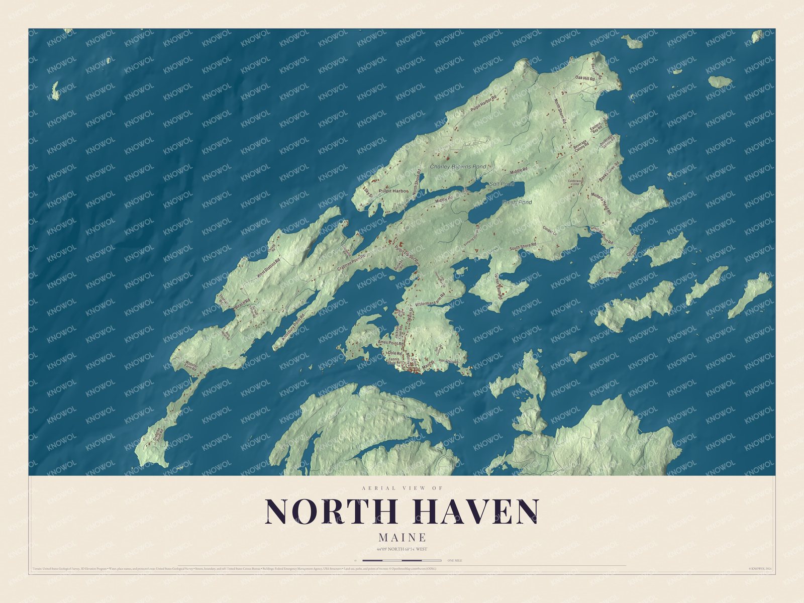 Aerial map of North Haven, Maine, showing roads, buildings, ponds, coves and terrain