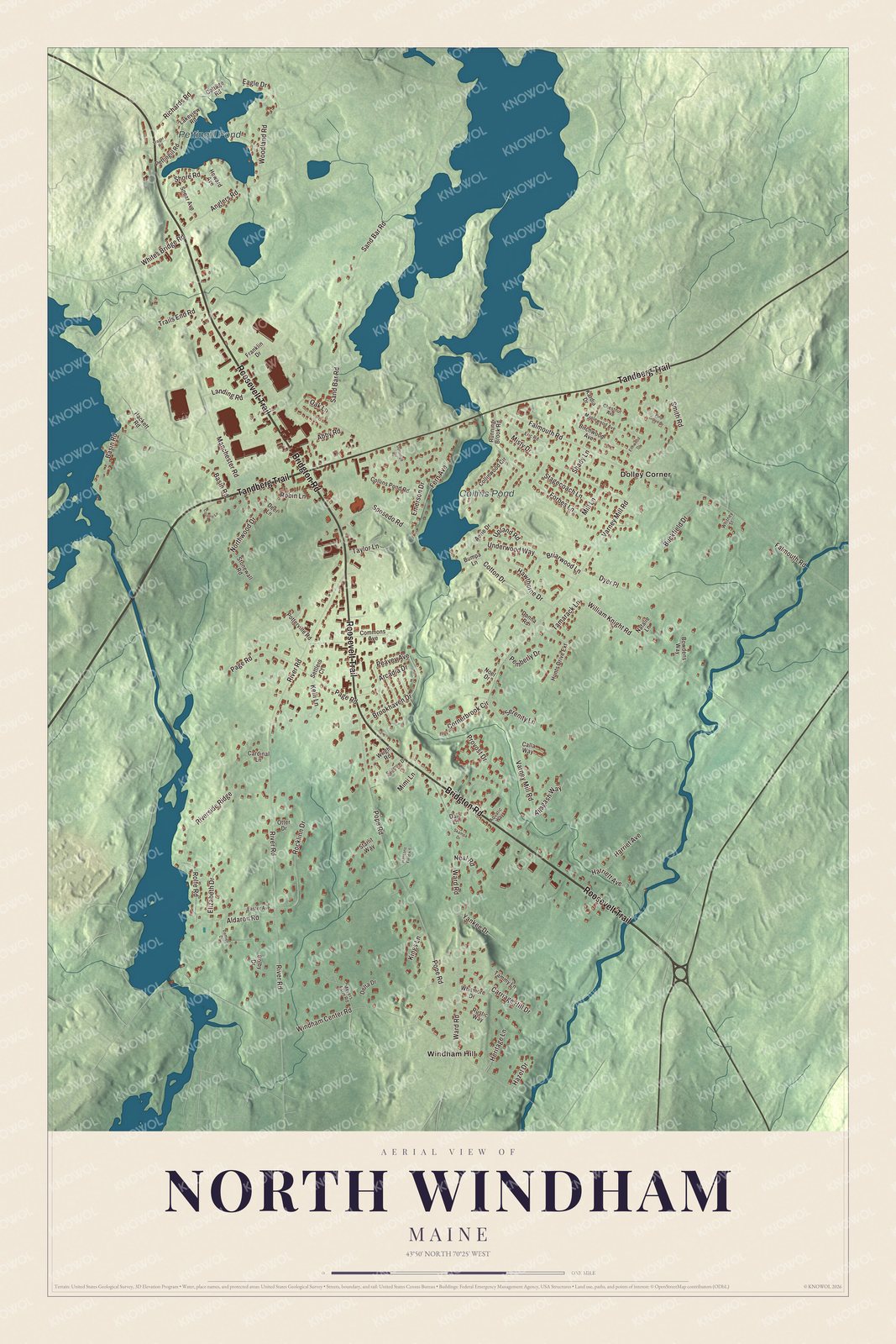 Aerial map of North Windham, Maine, showing streets, buildings, waters and terrain