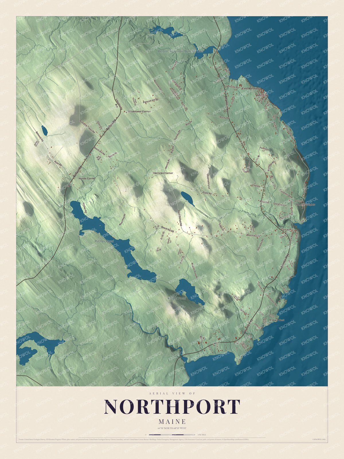 Aerial map of Northport, Maine, showing roads, buildings, ponds and waterways, and terrain