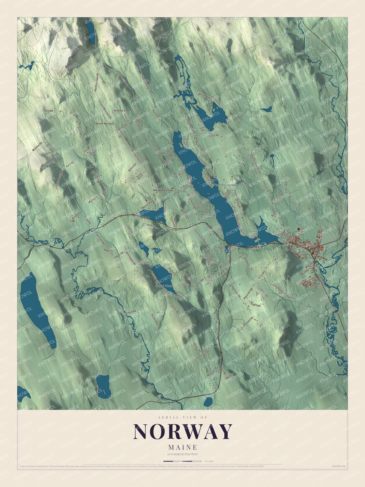 Aerial map of Norway, Maine, showing roads, buildings, ponds and waterways, and terrain
