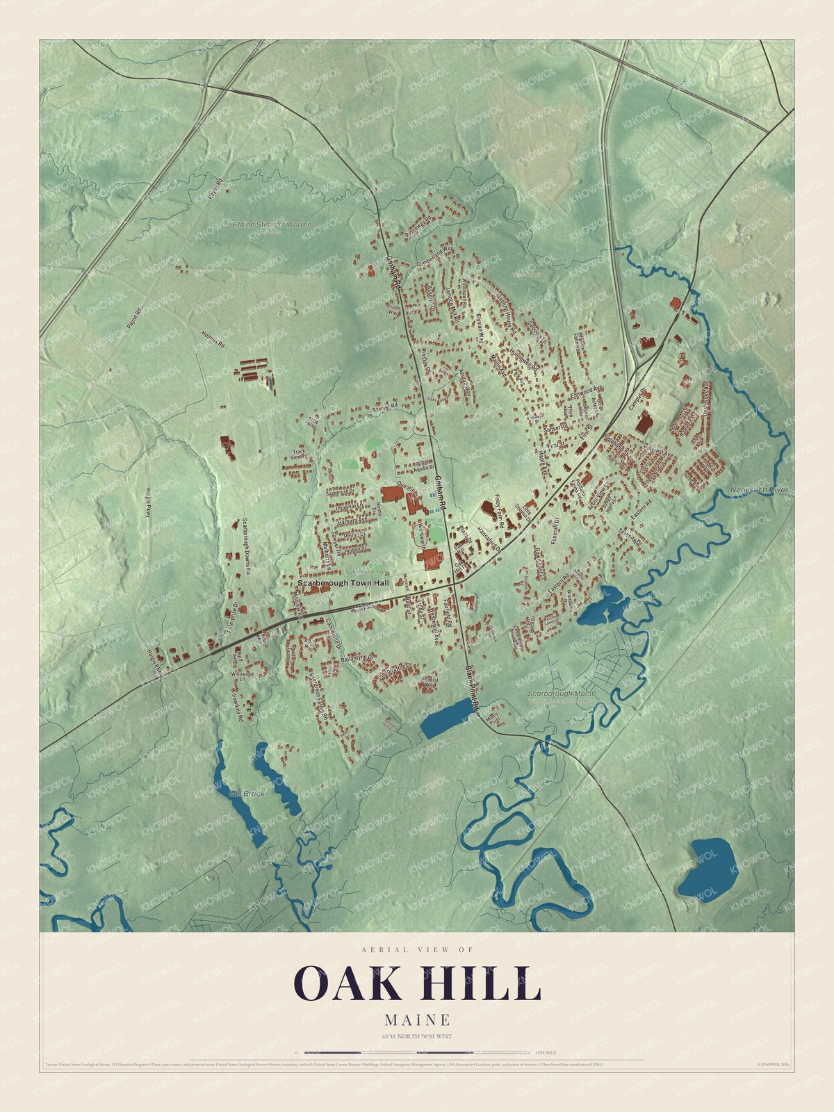 Aerial map of Oak Hill, Maine, showing streets, buildings, waters and terrain